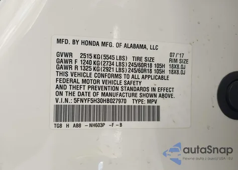 2017 Honda Pilot Ex z USA, uszkodzony, nr VIN 5FNYF5H30HB027970